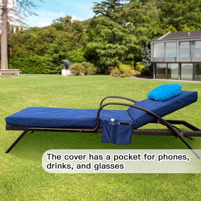 Replacement Covers for Outdoor Chaise Lounge Cushions, 80 x 26 x 3 Inch Patio Lounge Chair Cushion Covers–Waterproof, Fade-Resistant, with 2 Pockets & Inflatable Headrest (Cover Only) Navy blue