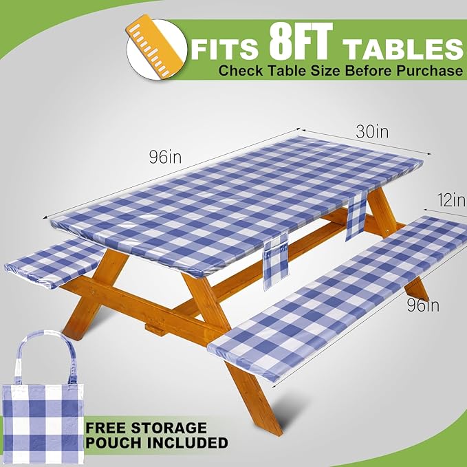 Picnic Table Cover with Bench Covers Vinyl Elastic Edges Fitted Rectangle Seat Tables Waterproof 3-Piece96X30in Set Outdoor Rectangular Folding Backing Tablecloth for Camping Over Size