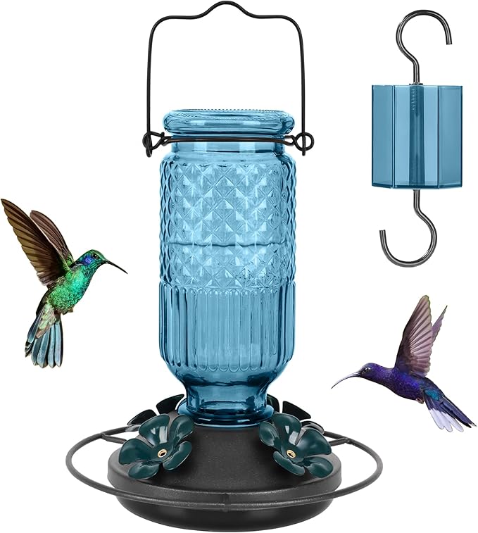 FEED GARDEN Glass Hummingbird Feeder for Outdoors, 16oz with Bee Guards & Ant Moat, Leak-Proof, Blue