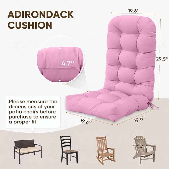 COOS BAY High Back Adirondack Chair Cushions for Outdoor Furniture, 49x20x5 in Water-Resistant Thick Tufted Patio Chair Cushions with Secure Straps, Set of 2, Pink