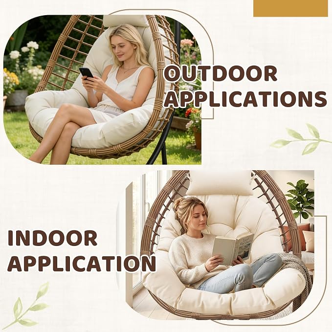 Waterproof Egg Chair Cushion Replacement, 47x33x7 Inches Thicken Outdoor Hanging Chair Cushion with Headrest Pillow, Cushions for Egg Chairs, Cream