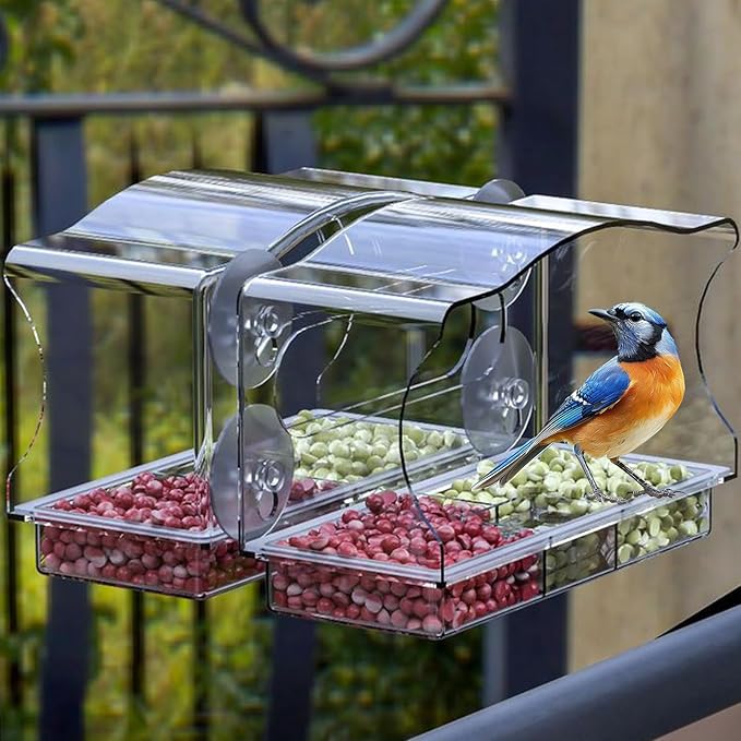 Window Bird Feeder with Strong Suction Cups - Clear Acrylic Bird Feeders for Outdoor Use, Easy-to-Clean Viewing Box for Cats and Birdwatching, Large Capacity, Curved Design for All-Weather Durability