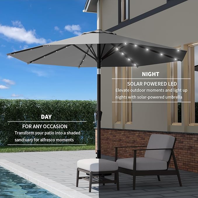9FT Patio Umbrella with Solar Lights,Outdoor Market Umbrella with Tilt and Crank, LED Lighted Table Umbrella for Garden,Deck,Backyard,Pool,Beach