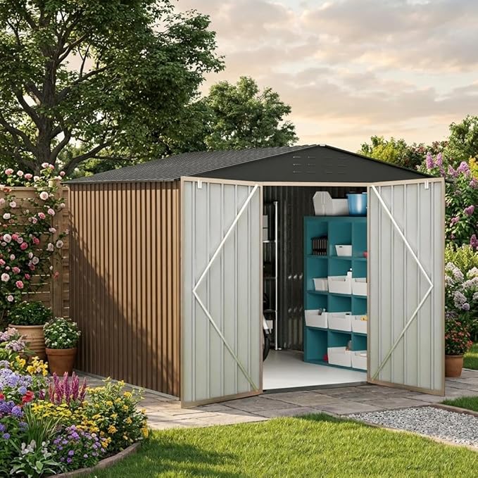 10x12 Ft Outdoor Metal Storage Shed, Galvanized Steel Garden Sheds with Lockable Doors, Extra Large Utility and Tool Storage for Patio Lawn Backyard Outside Use, Brown