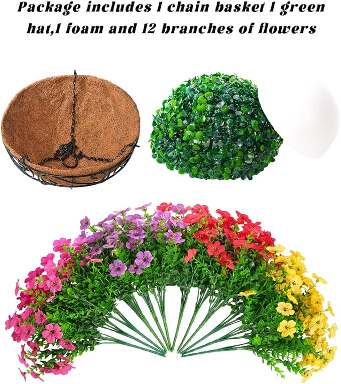 TDHDIKE Artificial Faux Fake Hanging Flowers Plants Basket for Summer Outdoor Outside Decoration UV Resistant Fake Silk Colorful Daisy Eucalyptus for Porch Patio Balcony Yard Garden Home Decor
