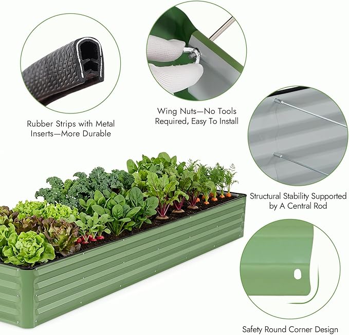 INNO STAGE Galvanized Raised Garden Bed Kits, 8x2x1ft Metal Raised Garden Beds Outdoor, Large Steel Raised Planter Bed with Gloves for Vegetables & Flowers Patio Ground Planter Box (Olive Green, 1PC)