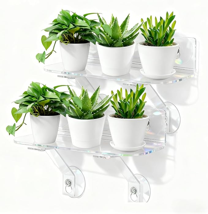 Yosoo Health Gear 2 Sets Window Suction Cup Shelves Acrylic Plant Pot Shelf with 14 Suction Cups 4 Brackets for Succulents Picture Frame Display, No Tools Needed Save Space Create Neat Environment