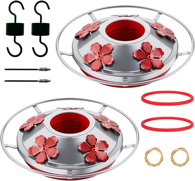 2 Pack Hummingbird Feeder Base Replacement Part Accessories Set - Includes 2 Pcs Bottom Base, Moat Hooks, Seal Rings, Brushes and Hanging Ropes (2, Silver)