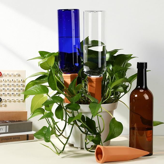 SiliFine 3 Sets Plant Watering Devices Include Terracotta Self Watering Spikes and 26 oz Plastic Bottles, Slow Release Vacation Insert Automatic Plant Waterer Device (Blue Clear Brown and Terracotta)