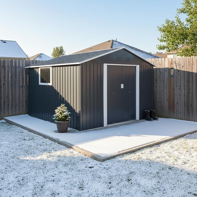 YOPTO 11.2x10.6 FT Outdoor Storage Shed Galvanized Metal Tool Shed with Window and Sliding Door,Waterproof Garden House w/Punched Vents & Locks,for Patio,Lawn,Backyard,Grey