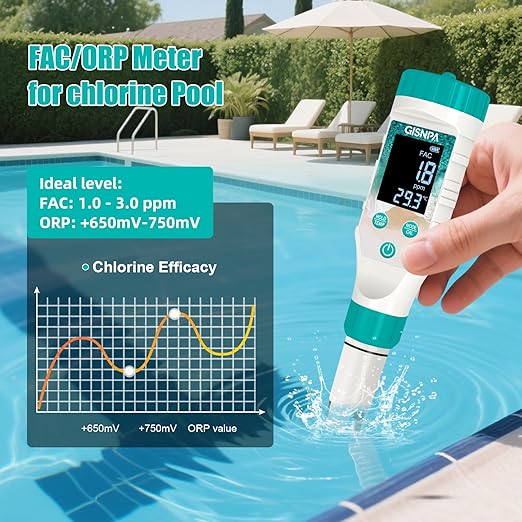 Digital Pool Water Tester, Chlorine Tester & Pool Salt Tester, Pool pH Tester 7 in 1 FAC Digital Salinity Tester for Saltwater Aquarium Sodium Chloride Swimming Pools Hot Tubs Spas