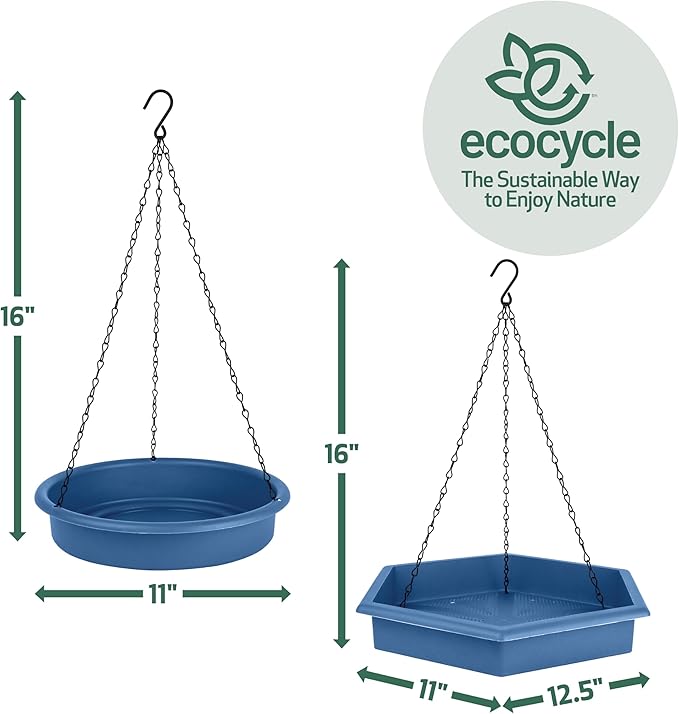 Combo Café 2-in-1 Recycled Plastic Bird Feeder and Bird Bath for Wild Birds and Outdoor Décor, Hanging Bird Bath and Tray Feeder with Chains Included, 1.5 Quart Capacity, Blue