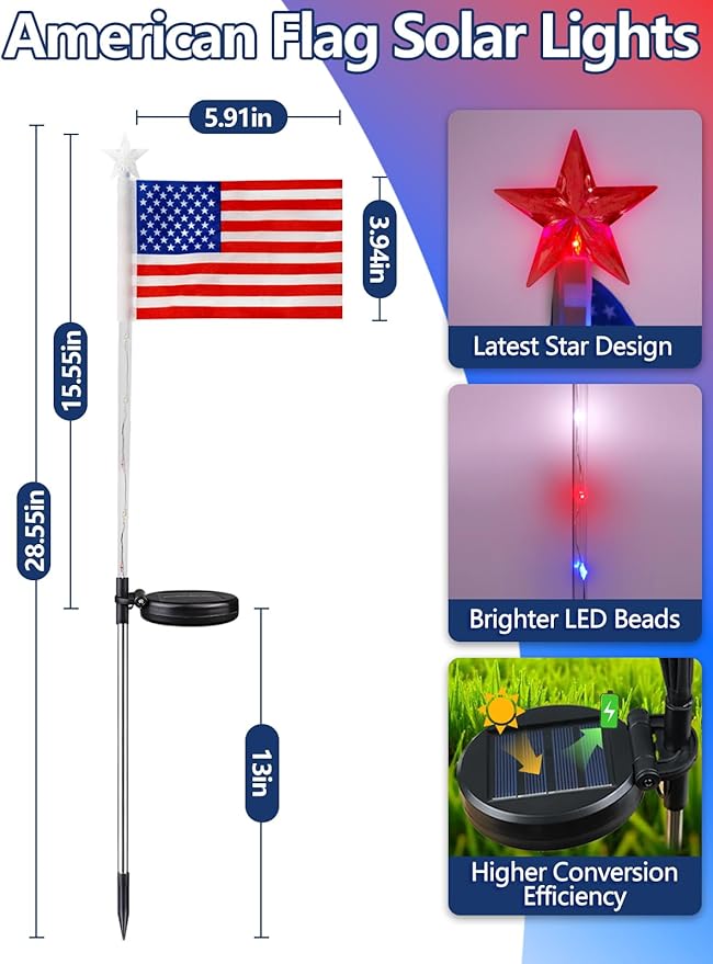 8 Pack American Flag Solar Lights Outdoor, 4th of July Decorations Red White and Blue Star Lights, 2 Modes Waterproof Solar Patriotic Lights for 250th Anniversary Independence Memorial Day Garden Yard