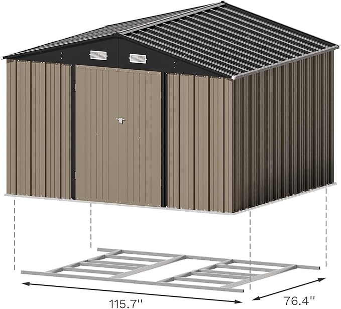 Patiowell 10 x 8 FT Outdoor Storage Shed with Floor Frame, Garden Metal Shed with Sloping Roof and Lockable Door, Large Tool Outside Sheds for Backyard Garden Patio Lawn, Brown