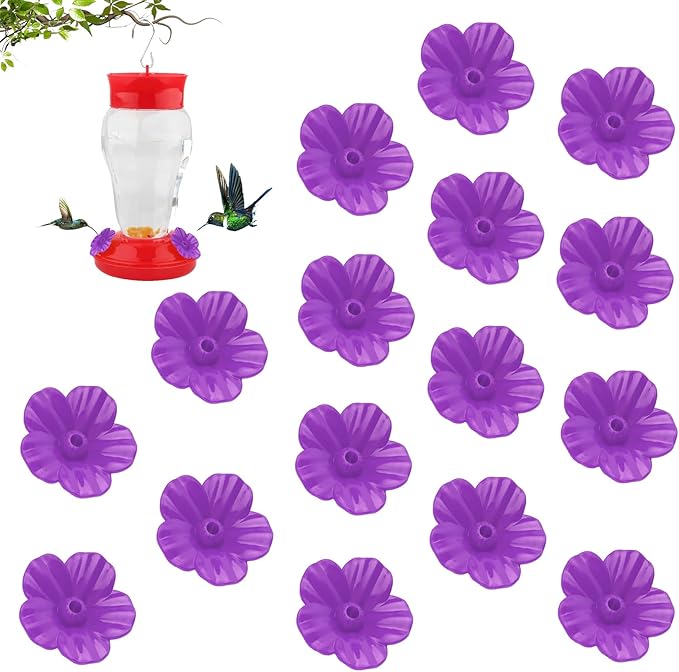 Hummingbird Feeder Replacement Parts - 16 PCS Purple Flowers, Bee Guards for Perky Pet Glass Plastic Base