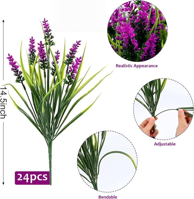 Geegoods Artificial Plants Flowers Outdoor – 48 Bundles UV Resistant Faux Lavender Flowers with Monkey Grass for Garden Porch Window Patio Hanging Planter Decor
