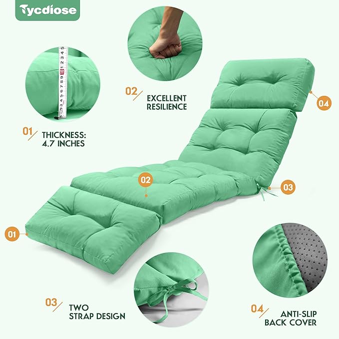 Outdoor Chaise Lounge Chair Cushion Waterproof 74.4 x 22 x 4.7 Inches Memory Foam Lounge Chair Cushions Replacement for Outdoor Furniture with Ties, Thickened Pool Lounge Chair Cushion, Cyan