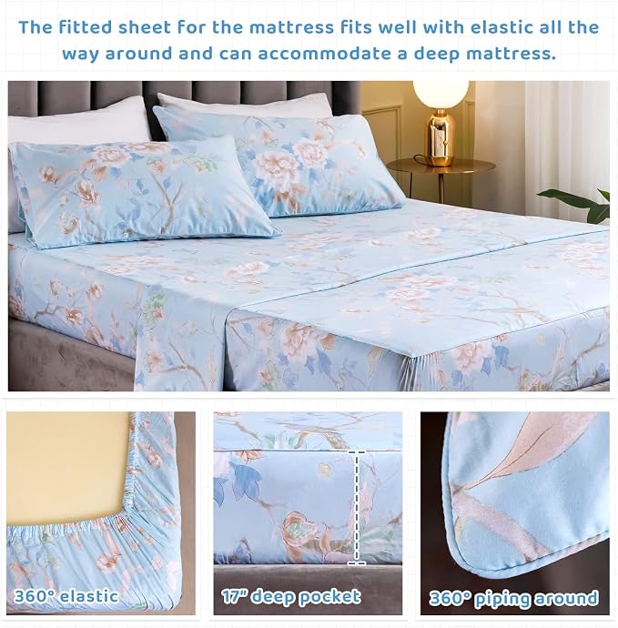 QSH Floral Bed Sheets Set King Size - Luxury Bird Buttefly Print Bed Sheet Set - 100% Egyptian Cotton Extra Soft and Breathable - 4 pcs Deep Pockets - Flower Bed Sheets