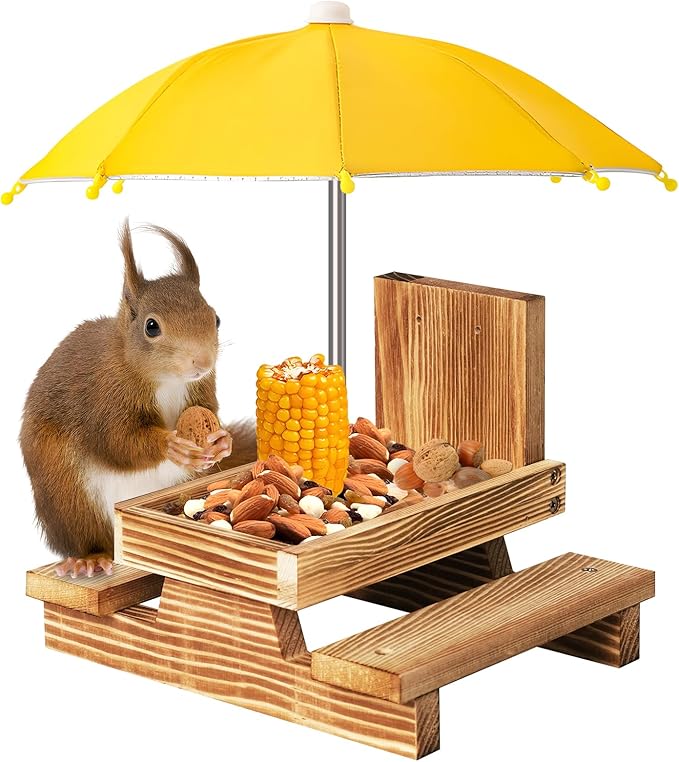 Gnodary Squirrel Feeder with Umbrella, Squirrel Feeders for Outside, Squirrel Picnic Table Feeder - Chipmunk Feeder Hold Corn, Corn Cob, Peanuts Style2 (Yellow)