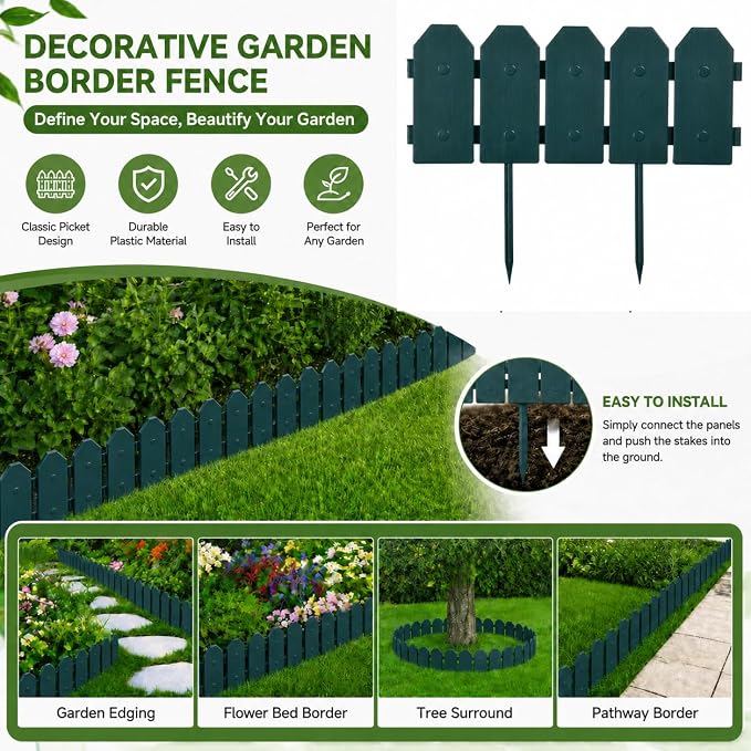 Evelyne Garden Border Edging: Wooden Grain Fence Dog Ear Design - Landscaping Fence Liner Lawn Edge Barrier - Decorative Lawn Landscape Panels Elements -Landscaping Edging (Green, 20ft.)