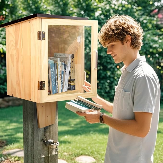 Outdoor Library Book Box, Little Library for Sharing books, DIY Storage Wooden Cabinet Easy Mount for Neighborhoods and Schools