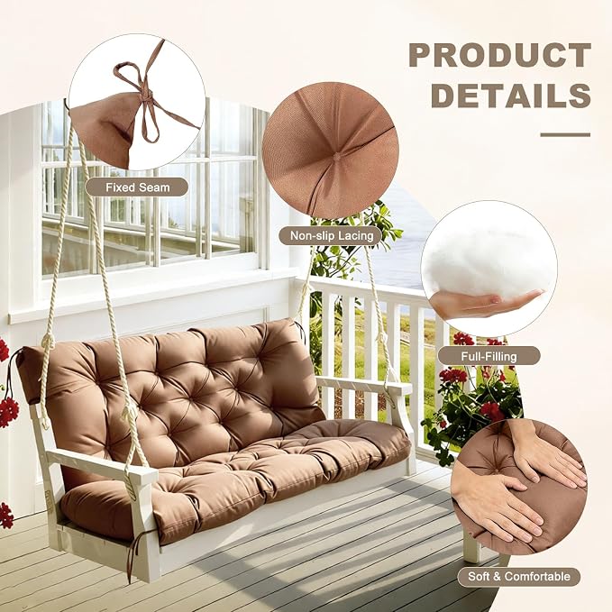 Porch Swing Cushion with Backrest,Waterproof Bench Cushion for Outdoor Furniture,2-3 Seater Replacement Thickened swing cushion with Ties,Patio,Outdoor,Backyard and Garden (Light Coffee,60x40")