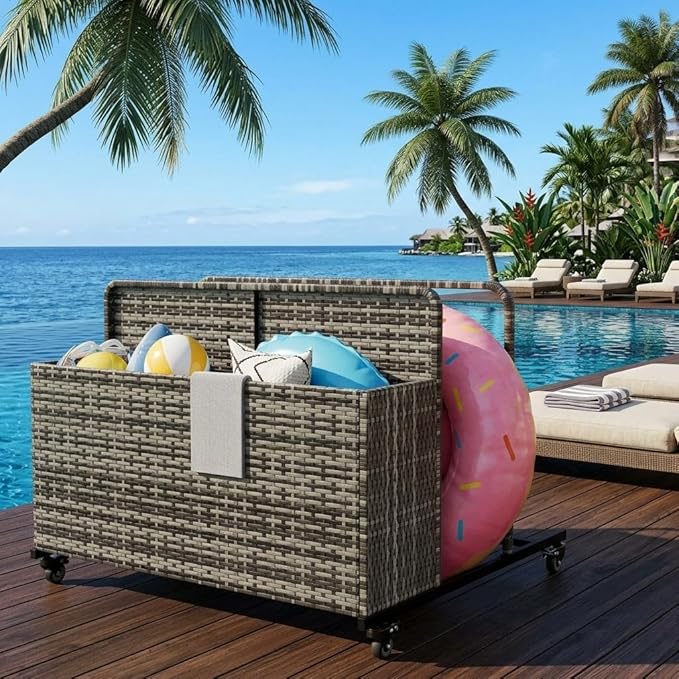 Pool Float Storage Organizer with Rolling Wheels, Outdoor Wicker Rattan Pool Caddy & Toy Storage Basket, All-Weather PE Rattan Holder for Pool Noodles, Life Vests, Beach Balls, Equipment, Patio Deck
