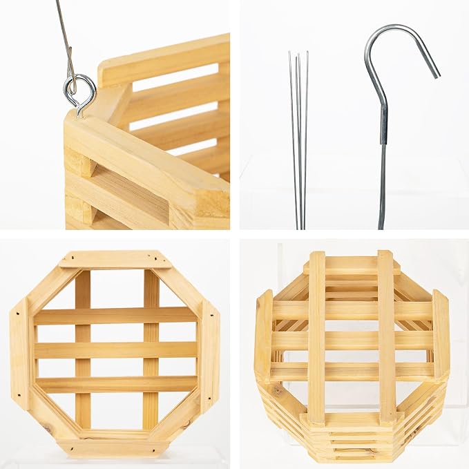 Wooden Orchid Baskets with Hangers for Epiphytes & Vandas, 6" & 8" Octagon Hanging Planter Set for Patio, Balcony Decor, Garden Flower Pots for Indoor Outdoor Plants, Set of 2