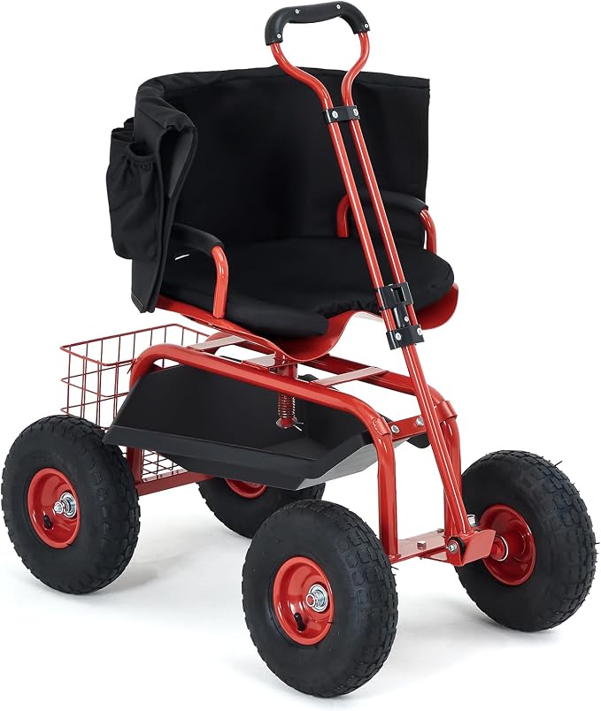 Rolling Garden Work Seat with Wheels, 300lbs Heavy Duty Garden Cart, 360° Swivel Adjustable Height Rolling Stool, Extendable Handle, Storage Basket & Tray for Gardening, Lawn Care, Adults & Seniors