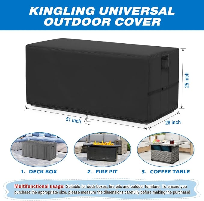 Kingling Deck Box Cover, Outdoor Storage Box Cover for Keter 110 Gallon Deck Box, Waterproof Outside Patio Storage Bench Deck Boxes Covers Black (51" L x 28" W x 25" H)
