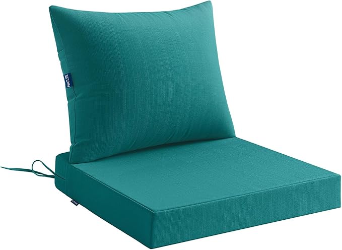 MIULEE Turquoise Outdoor Seat Cushion Set 22x22 Inch Linen Textured Waterproof & 3 Year Color Fastness Seat and Back Cushion with Ties No Slip Design for Patio Furniture Chair Sofa Couch