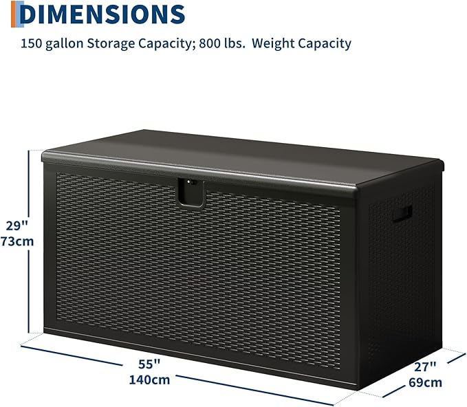 Garvee 150 gal Large Resin Deck Box, Waterproof & Weatherproof Outdoor Storage Box, Lockable Pool Storage Bin with Lid for Porch Patio Garden Backyard, Black