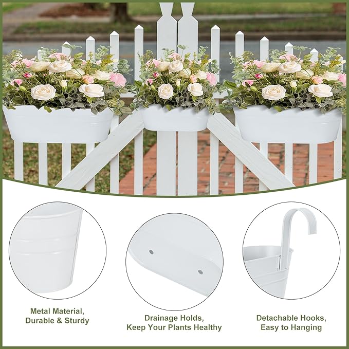 3 Different Size Metal Iron Hanging Flower Pots 10 Pcs for Outdoor Plants Metal Hanging Bucket Pots Iron Railing Fence Planter with Drainage Holes and Hooks for Porch Railing Balcony Fence (White)