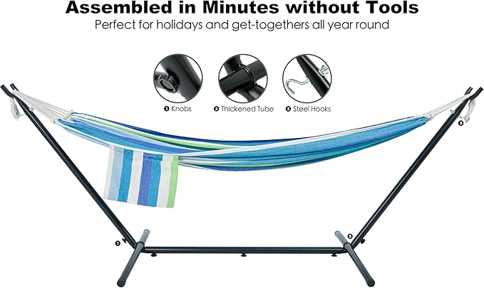 GAFETE Double Hammock with Stand for Outside, Upgraded Spreader Bar, Heavy Duty Space Saving Steel Stand 2 Person, Convenient Pockets, Easy Assembly, 600lbs Weight Capacity, Indoor & Outdoor (Lagoon)