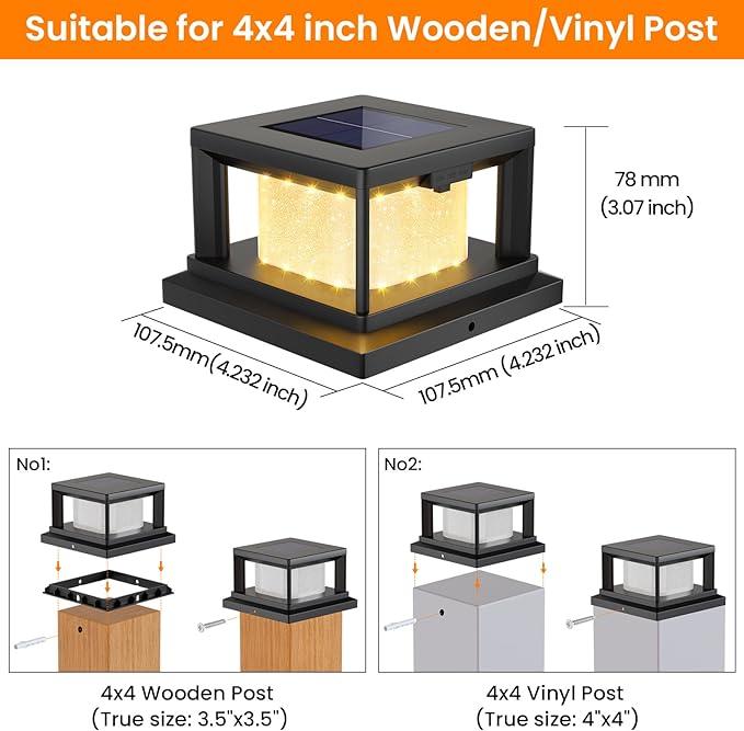 Mlambert 4 Pack Solar Post Lights Outdoor, 2 Modes LED Fence Cap Light for 4x4 Post, Waterproof Deck Light Patio Garden Decor, Warm/Cool White, Black