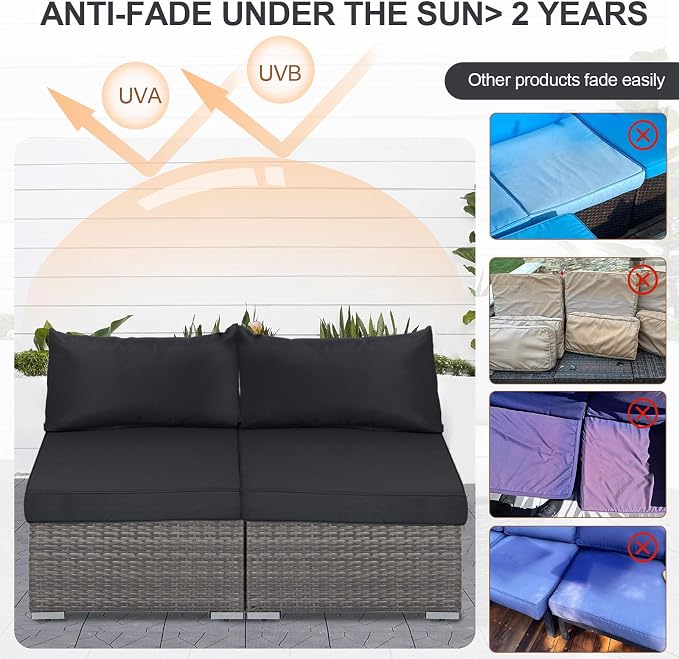 14 Piece Outdoor Furniture Replacement Cushions, Cover+Filling, 25.6" x 25.6" x 4" Foam Waterproof Outdoor Sofa Cushion Sets, Fit Wicker Rattan Sectional Conversation Set, Black