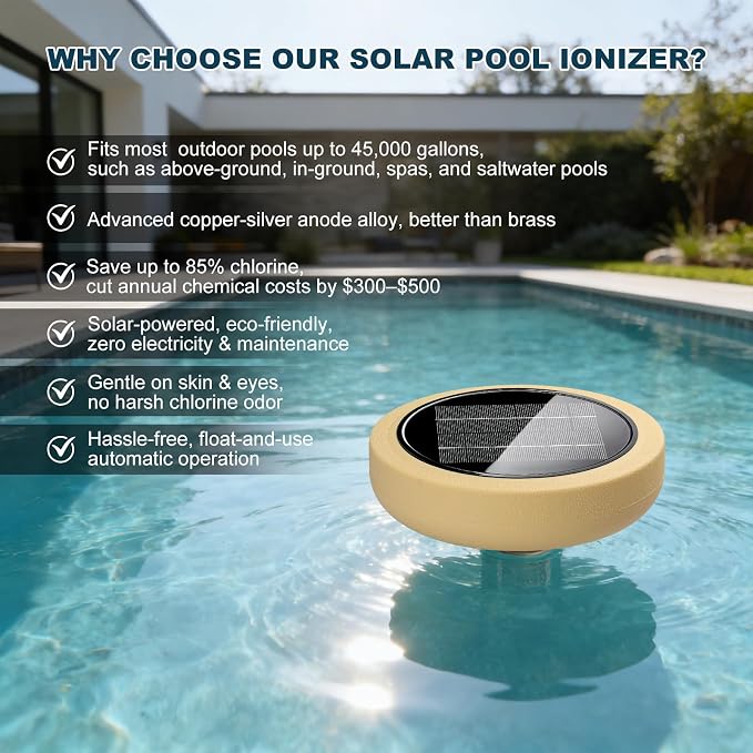 Solar Pool Ionizer for Above Ground, Solar Powered Floating Copper Purifier, Reduce Chlorine 85%, Up to 45,000 Gallons, Swimming Pools Water Cleaner for In-ground Pools and Spas (Yellow)