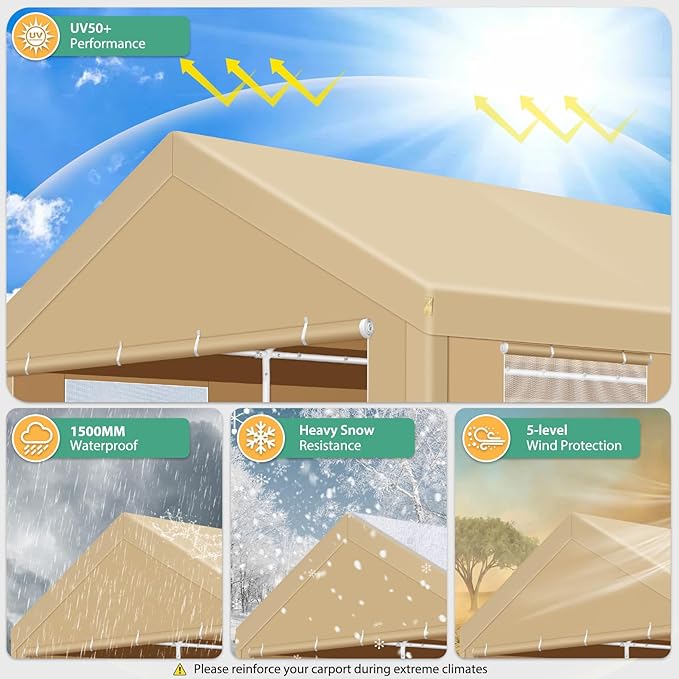 COBIZI Carport 10x20ft Heavy Duty Portable Garage, 2.0 Powder Coated Frame(Better Than Galvanized), Waterproof Shelter with Removable Sidewalls & Windows, Built-in Sandbags, for Car/Boat/SUV, Khaki
