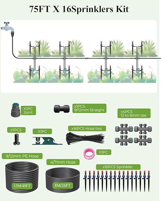MYMULIKE 75FT Drip Irrigation System, 1/2" Main Pipe & 1/4" Branch Pipe, Adjustable Drip Emitters, Automatic Irrigation Kit Garden Watering System for Flower Bed, Raised Beds, Lawn, Greenhouses