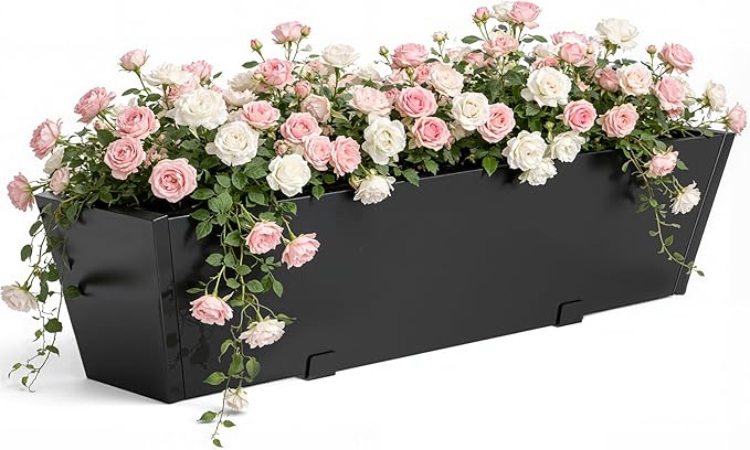 Railing Planter for Outdoor Plants 36'' Metal Hanging Flower Pot with Adjustable Brackets & Drainage Railing Planter Box Countryside Flower Plant Holder for Garden Yard Patio Balcony Deck Decor