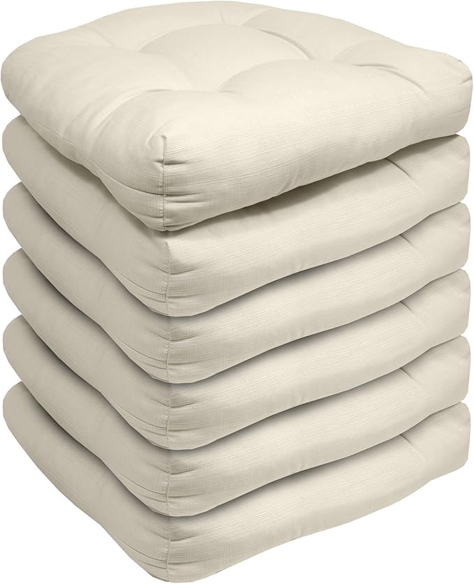 Sweet Home Collection Patio Cushions Outdoor Chair Pads Premium Comfortable Thick Fiber Fill Tufted 19" x 19" Seat Cover, 6 Pack, Cream
