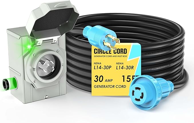 CircleCord 4 Prong 15 Feet 30 Amp Generator Extension Cord and Inlet Box with Locking Connector, Heavy Duty NEMA L14-30P/L14-30R, 125/250V 7500W 10 Gauge SJTW Generator to House Power Cord