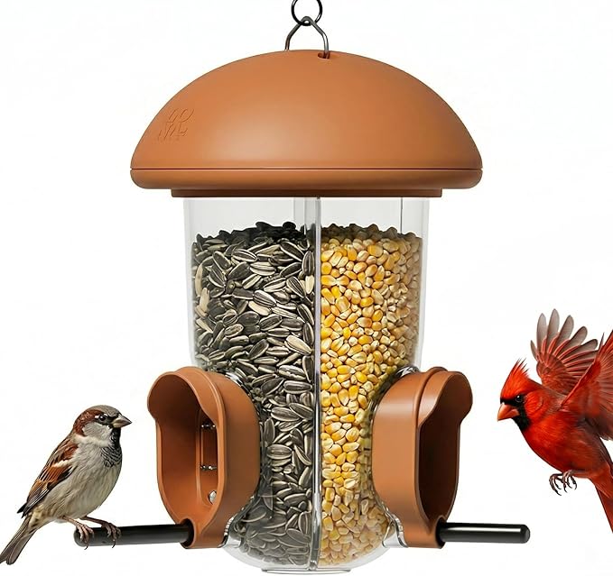 LONA Bird Feeders for Outdoors Hanging – 3 Separate Compartments, 3 Feeding Ports, Weatherproof Dome & 3 Ways to Hang, Large Capacity for Cardinals/Finches (Brown，Plus