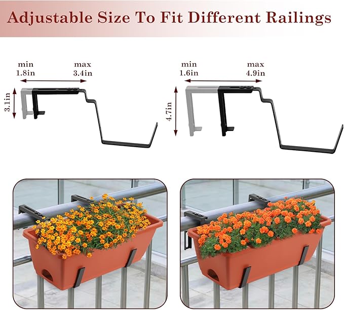 OYEAL Hanging Flower Pots for Railing Fence Outdoor Window Boxes Planter with Adjustable Hooks, Set of 2 Deck Rail Planters with 6 Detachable Plastic Planter Boxes, Drainage Holes, Brick Red