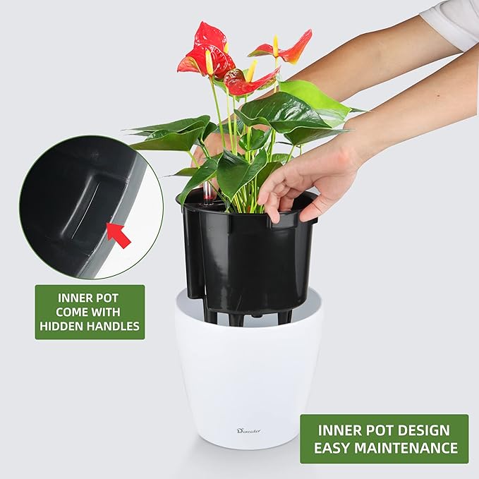Dexceder 11x10 Self Watering Planter (White High Gloss) | Inner Pot Design, Thickened Table Flower Plant Pot with Water Level Indicator Indoor Outdoor