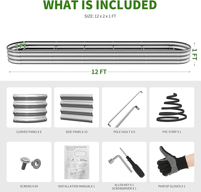 Galvanized Raised Garden Bed Kit, 12×2×1ft for Garden Beds Outdoor with Easy Assembly,Oval Large Gardening Box for Vegetables, Fruits, Flower Silver