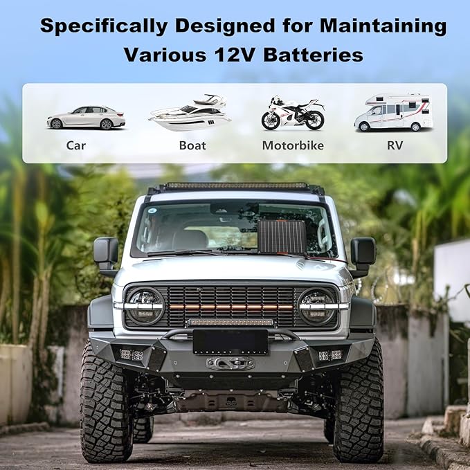 Solar Battery Charger 10W 12V Solar Trickle Car Battery Maintainer Portable Waterproof Power Charger for Car Boat Automotive RV with Alligator Clip