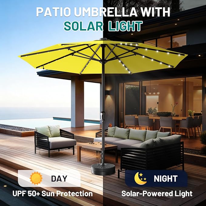 AreShark 11FT Large Patio Umbrella with Solar Lights, Lighted Solar Umbrella with Crank, Outdoor Table Market Umbrellas for Garden, Deck, Backyard, Pool and Beach, Yellow