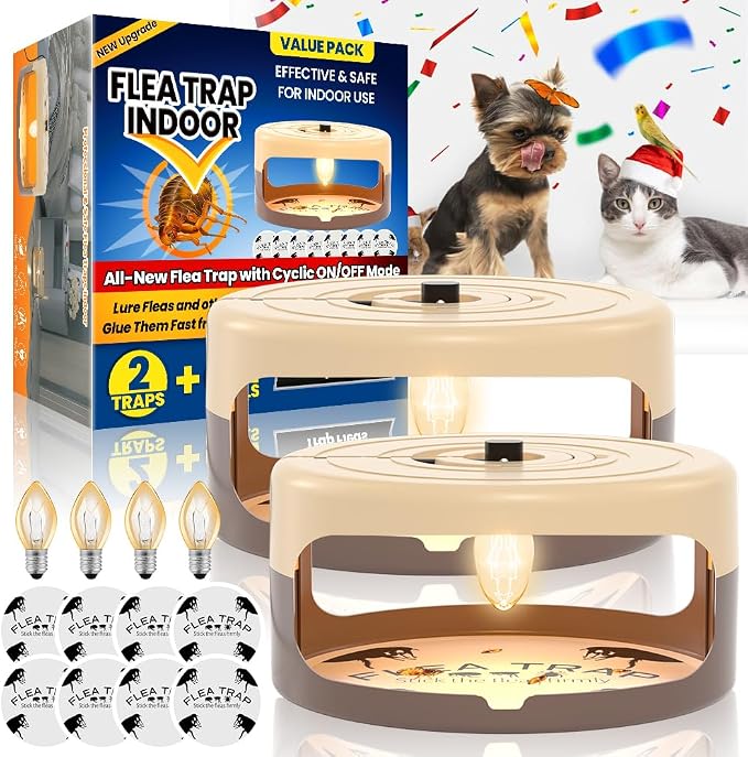2 Pack Flea Traps for Inside Your Home with Auto Cycle Mode 40-Min Work & 5-Min Rest Mode, Refillable Indoor Flea Trap with 8 Sticky Pads, Indoor Flea Trap for Fleas, Moths & Gnats
