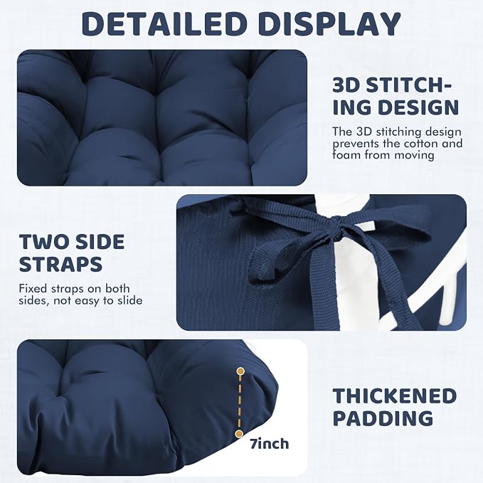 Waterproof Egg Chair Cushion Replacement, 47x33x7 Inches Thicken Outdoor Hanging Chair Cushion with Headrest Pillow, Cushions for Egg Chairs, Blue